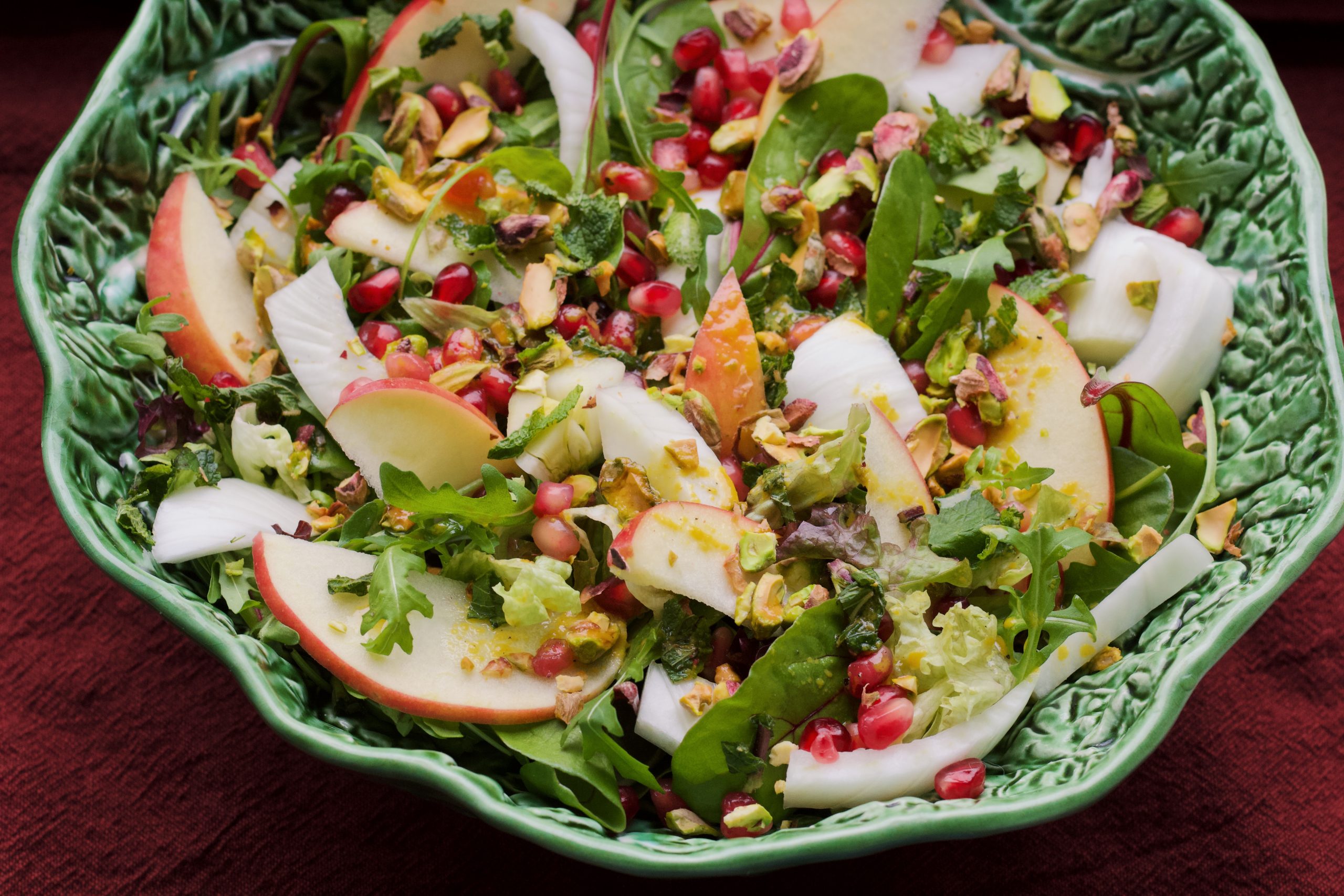 Salade met venkel, appel pistache en granaatappelpitjes